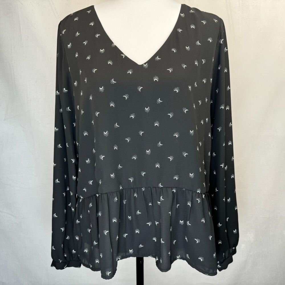 Loft Top Ladies Sz S Black Moon Print V-Neck Long Sleeves Peplum